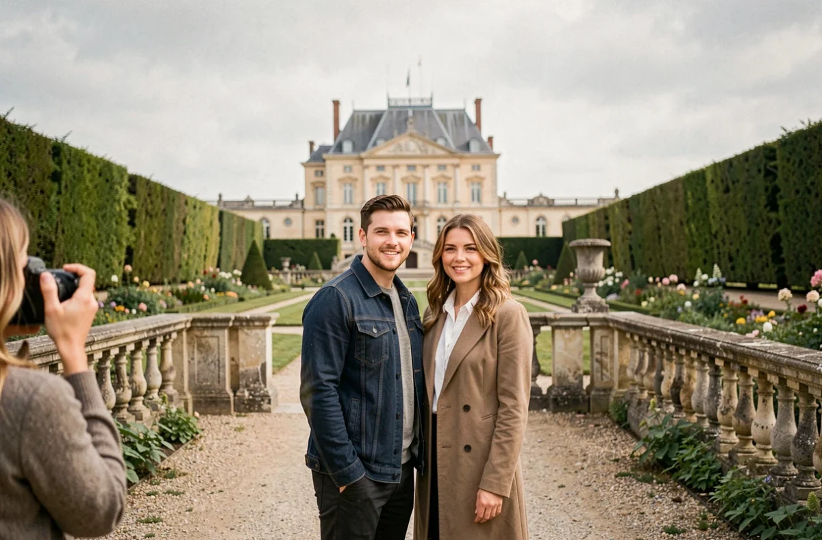 Séance photo de couple dans les jardins du château de Fontainebleau avec photographe en arrière-plan