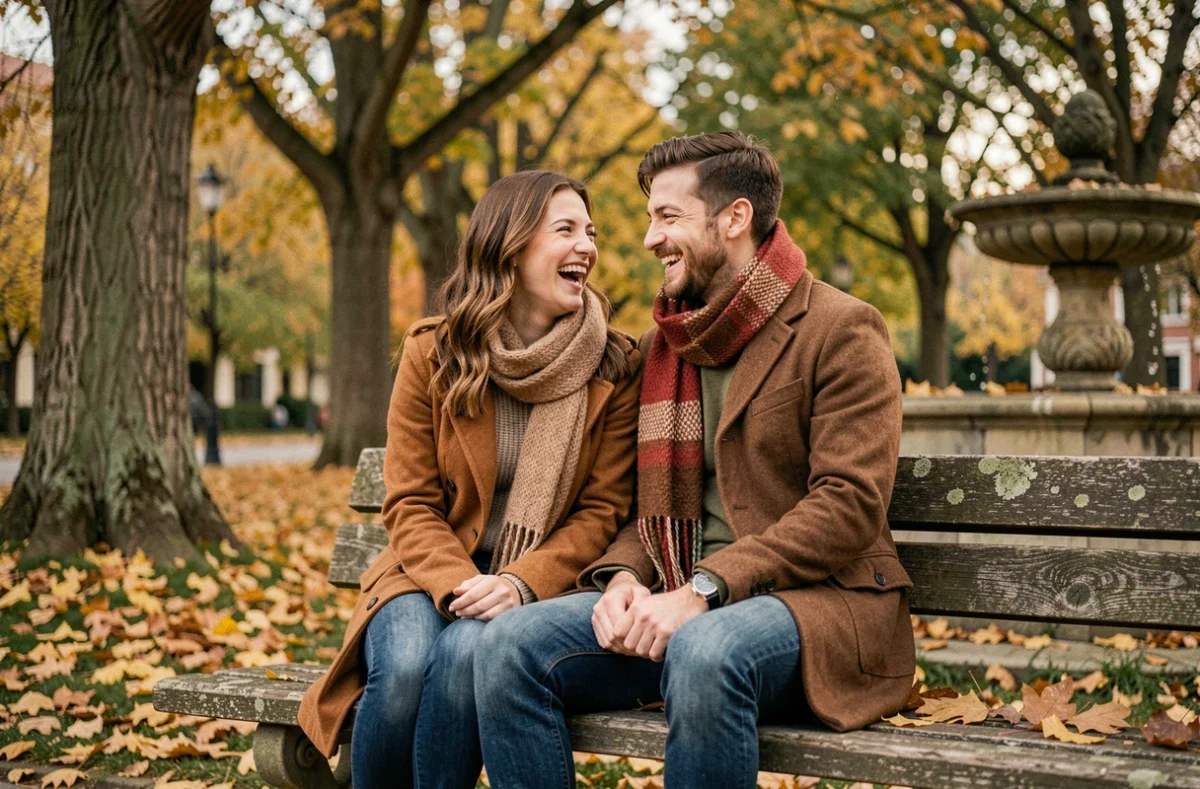 Couple photographié dans un parc en automne à Hayange lors d'une séance photo professionnelle