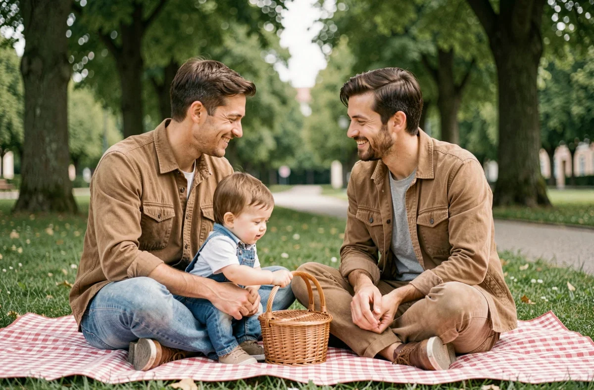 Jeune famille en séance photo dans un parc de Sarreguemines, couple avec enfant en bas âge sur un plaid