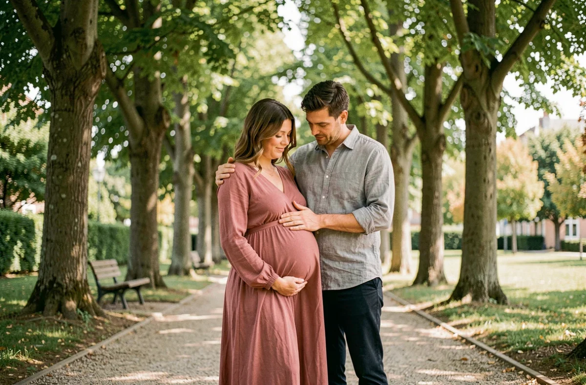 Couple attendant un bébé photographié en plein air dans un parc du Val-de-Marne, séance photo de grossesse en couple sous les arbres
