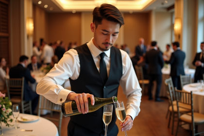 Jeune serveur versant du champagne lors d'un mariage &eacute;l&eacute;gant