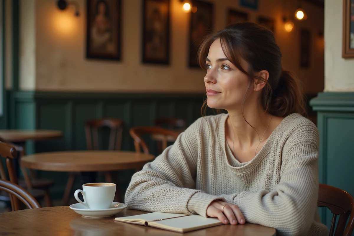 Femme pensive attablée dans un café parisien vintage, évoquant l'intimité et la vie privée de Sophie Jovillard