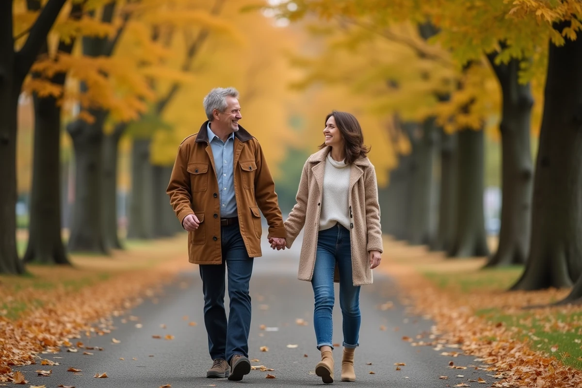 Couple complice se promenant main dans la main dans un parc en automne, symbolisant le soutien mutuel et la complicité dans la relation de Sophie Jovillard