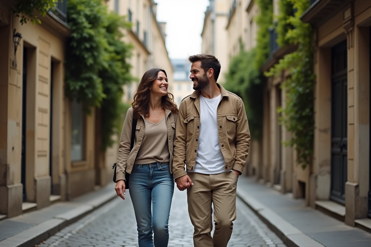 Couple se promenant dans une rue pavée parisienne, illustrant la complicité et la vie de couple de Sophie Jovillard avec son mari