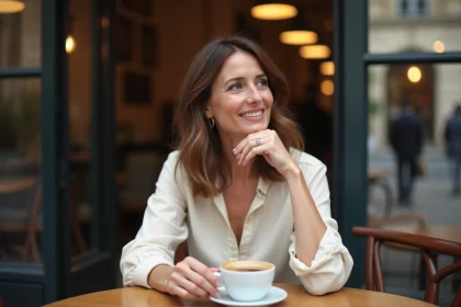 Femme élégante et discrète attablée dans un café parisien, illustrant la vie amoureuse équilibrée et la discrétion de Sophie Jovillard