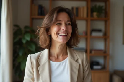 Sophie Jovillard, présentatrice souriante dans un appartement parisien chaleureux, évoquant sa vie personnelle et son couple