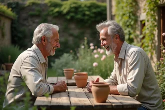 Stéphane Marie et son conjoint dans leur jardin de campagne, partageant un moment de complicité loin des projecteurs