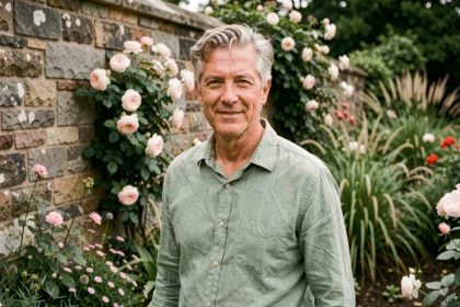 Stéphane Marie, animateur de l'émission Silence ça pousse, dans son jardin luxuriant entouré de plantes et de roses grimpantes