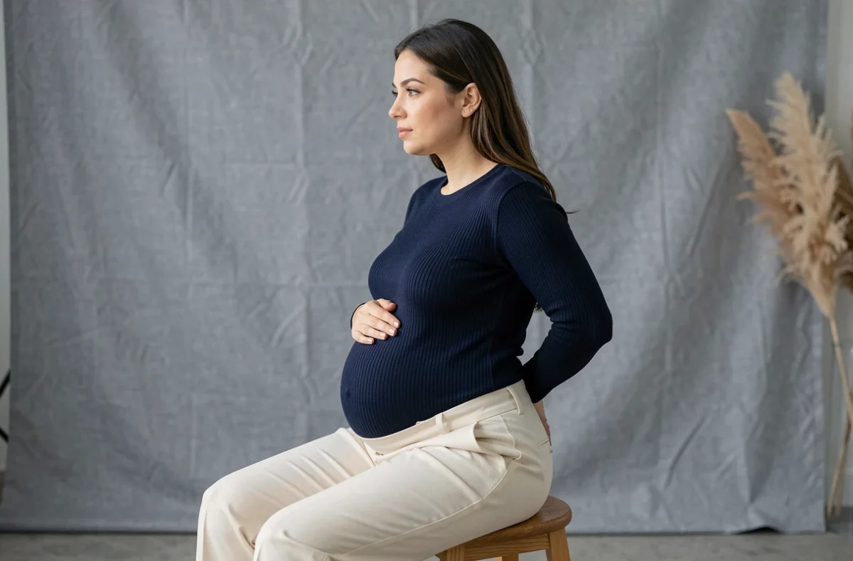 Femme enceinte de profil en studio photo professionnel, séance de portrait de grossesse élégante avec fond gris texturé dans le Val-de-Marne