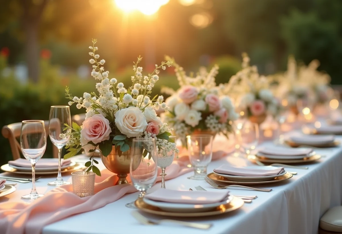 Table de mariage élégante en extérieur avec couleurs tendance 2025