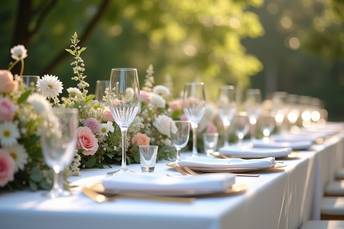 Table de mariage en plein air élégante avec fleurs et lumière naturelle