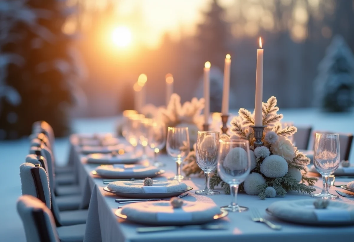 Table de mariage d'hiver en extérieur décorée élégamment