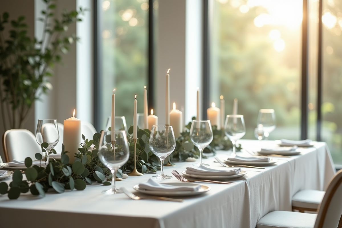 Table de mariage moderne avec bougies et décoration eucalyptus