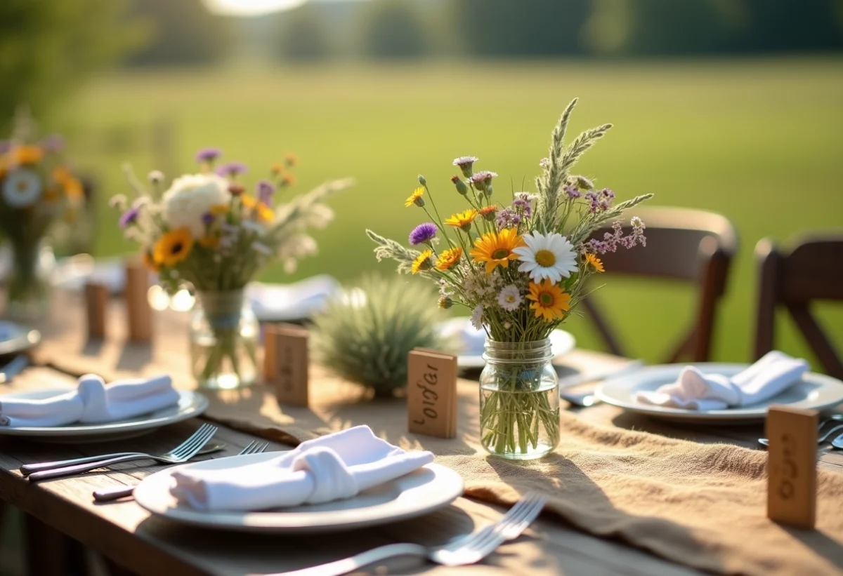 Table de mariage rustique en plein air décorée avec des bocaux et fleurs sauvages