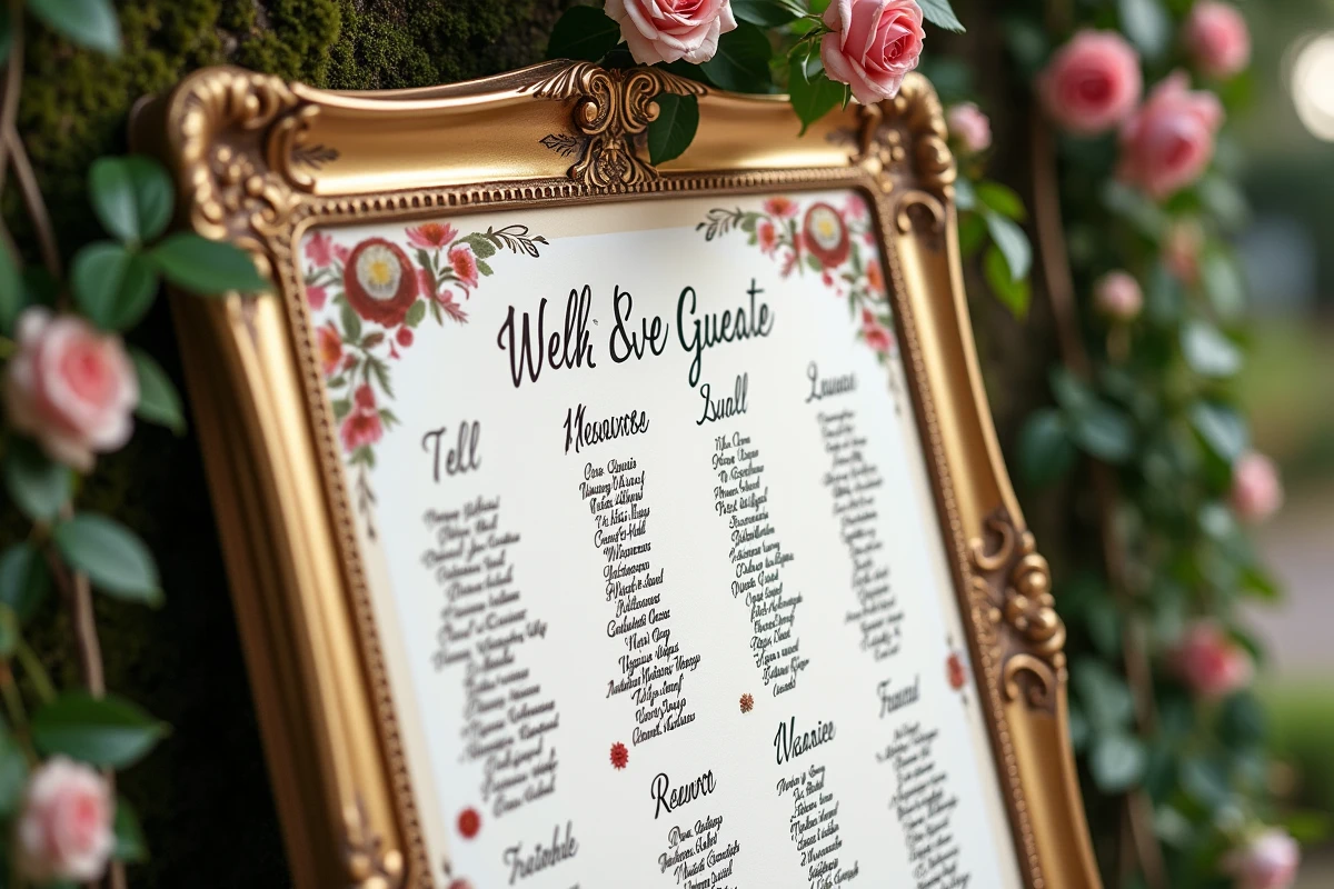 Tableau de mariage calligraphié avec fleurs séchées affiché dans un cadre doré au jardin