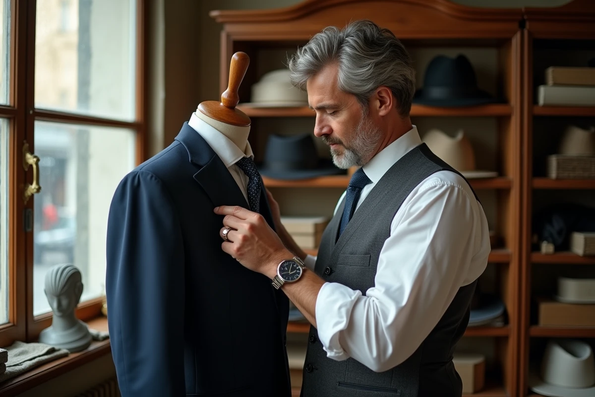 Tailleur ajustant un costume de mariage bleu marine sur mannequin dans une boutique de location de costumes à Paris