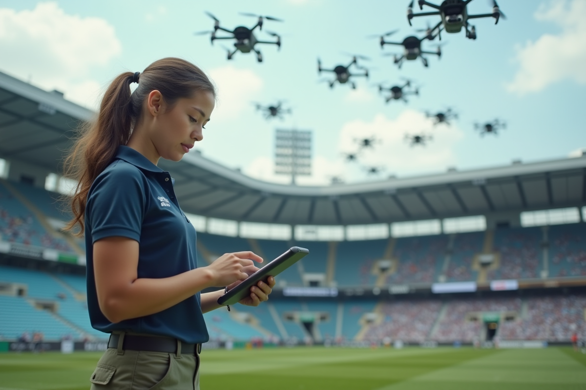 Jeune femme technicienne surveillant des drones au stade