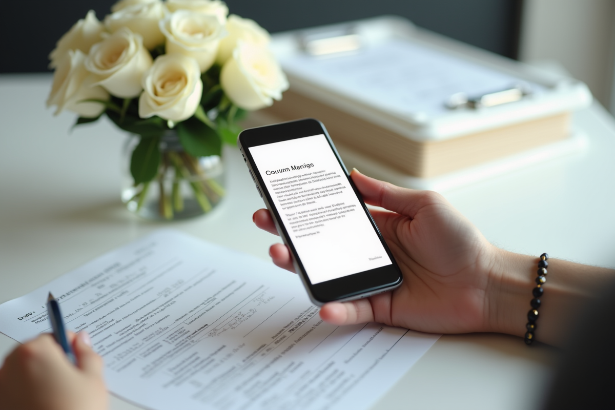 Main tenant un smartphone affichant confirmation mariage avec documents
