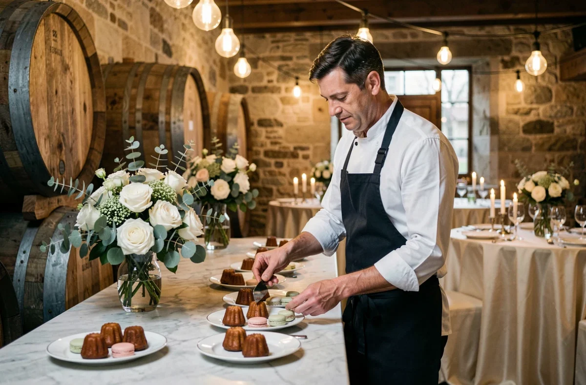 Chef traiteur de mariage arrangeant des cannelés bordelais sur un buffet en marbre dans un domaine viticole de Bordeaux