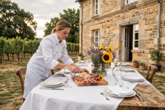 Traiteur de mariage en Nouvelle-Aquitaine dressant une longue table en pierre avec foie gras et spécialités régionales dans une ferme périgourdine