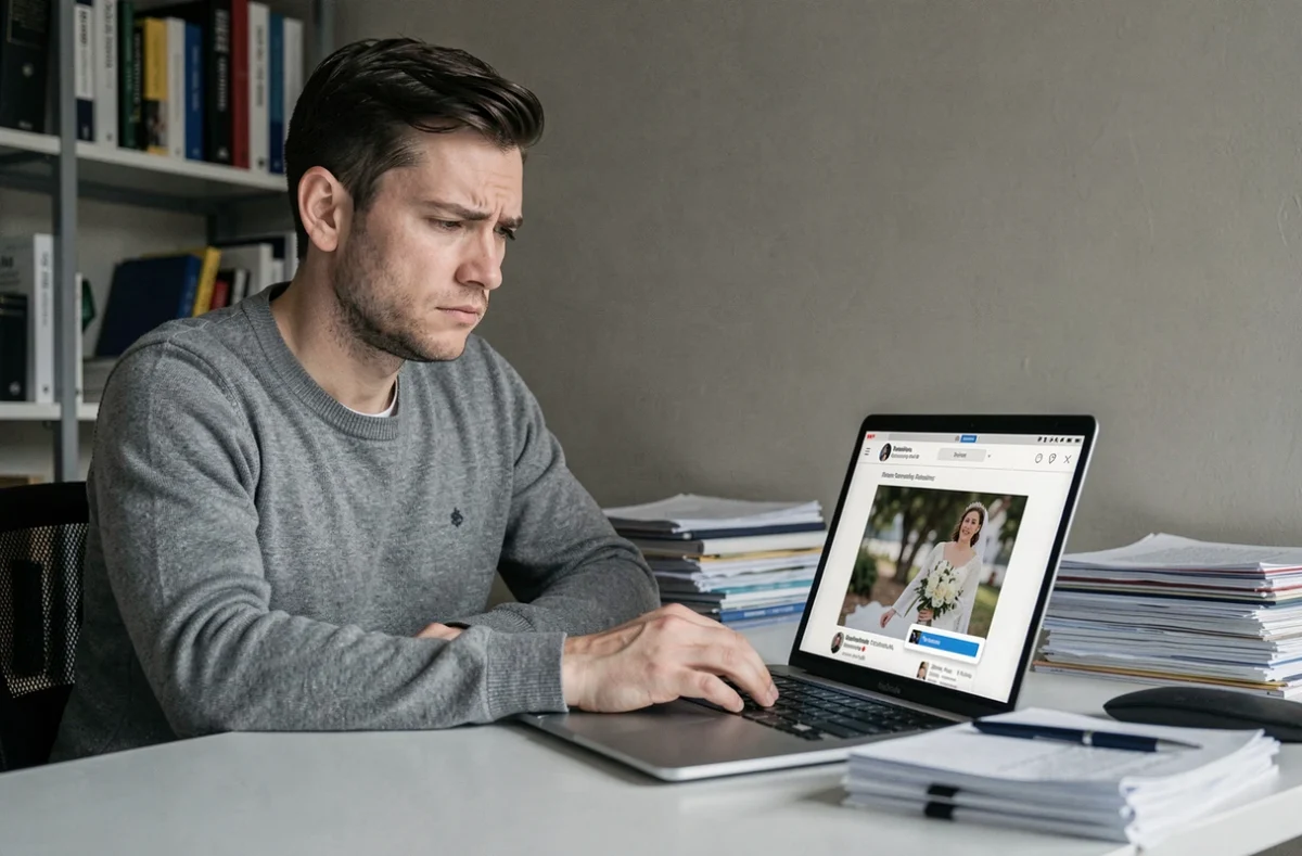 Journaliste vérifiant une photo de mariage virale sur un ordinateur portable dans un bureau moderne
