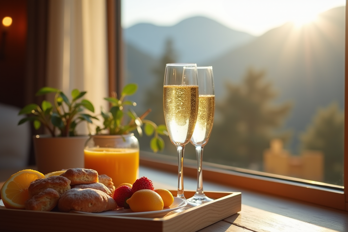 Verres de champagne trinquant avec vue sur la montagne