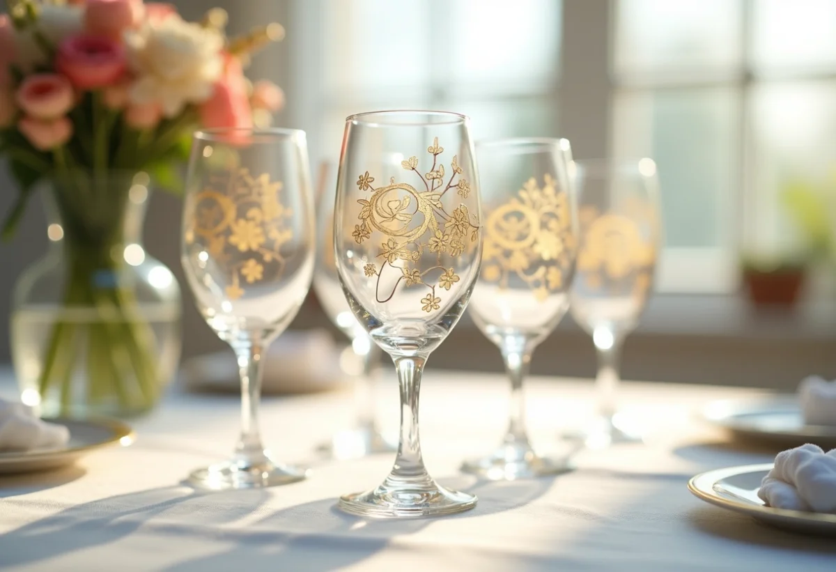 Verres de mariage décorés avec motifs floraux et or