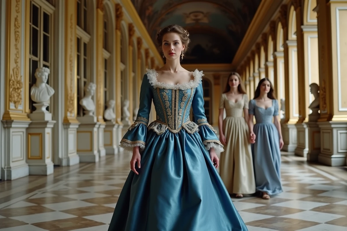 Femme en robe bleue dans un couloir versaillais avec dames