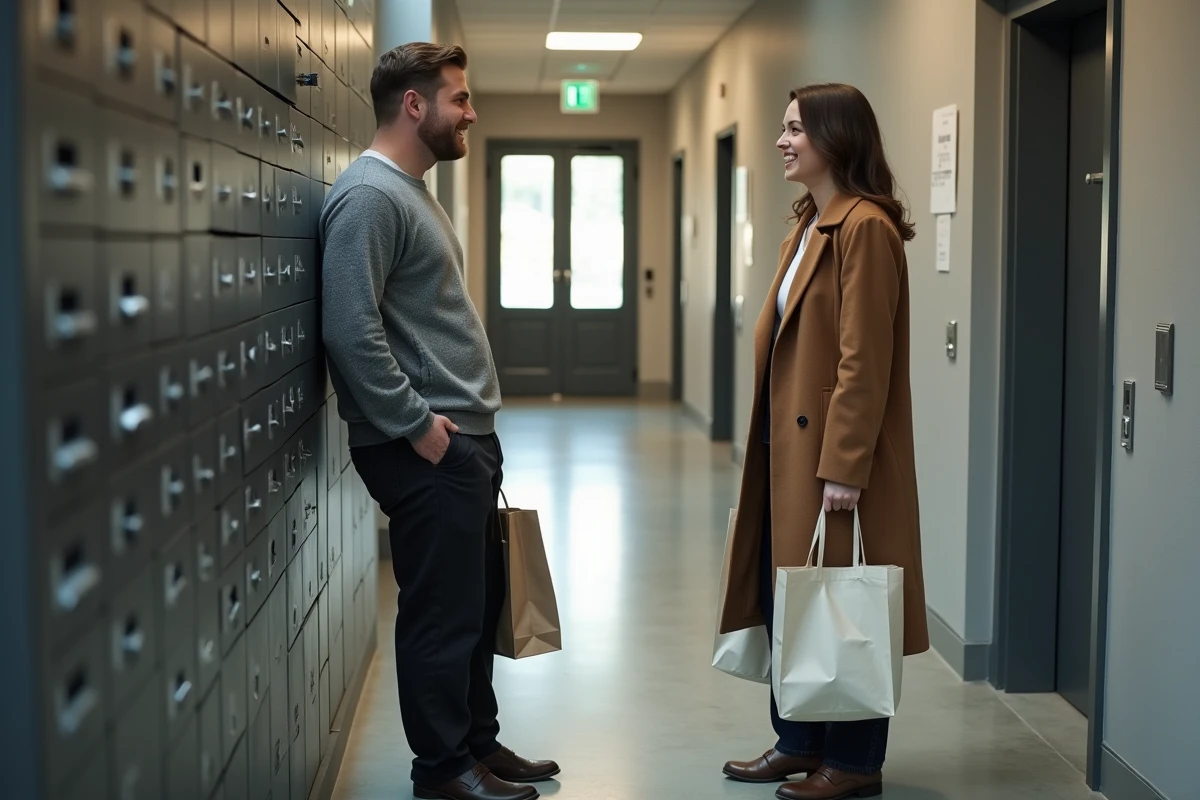 Deux voisins qui discutent dans le couloir d'un immeuble résidentiel moderne, ambiance de rencontre informelle et conviviale