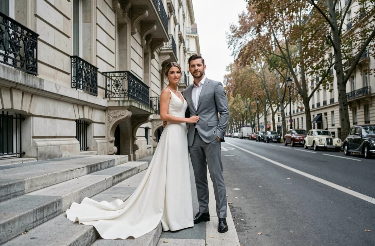 Couple de mariés posant devant un immeuble haussmannien en Île-de-France, photographe Vu référencé en Essonne