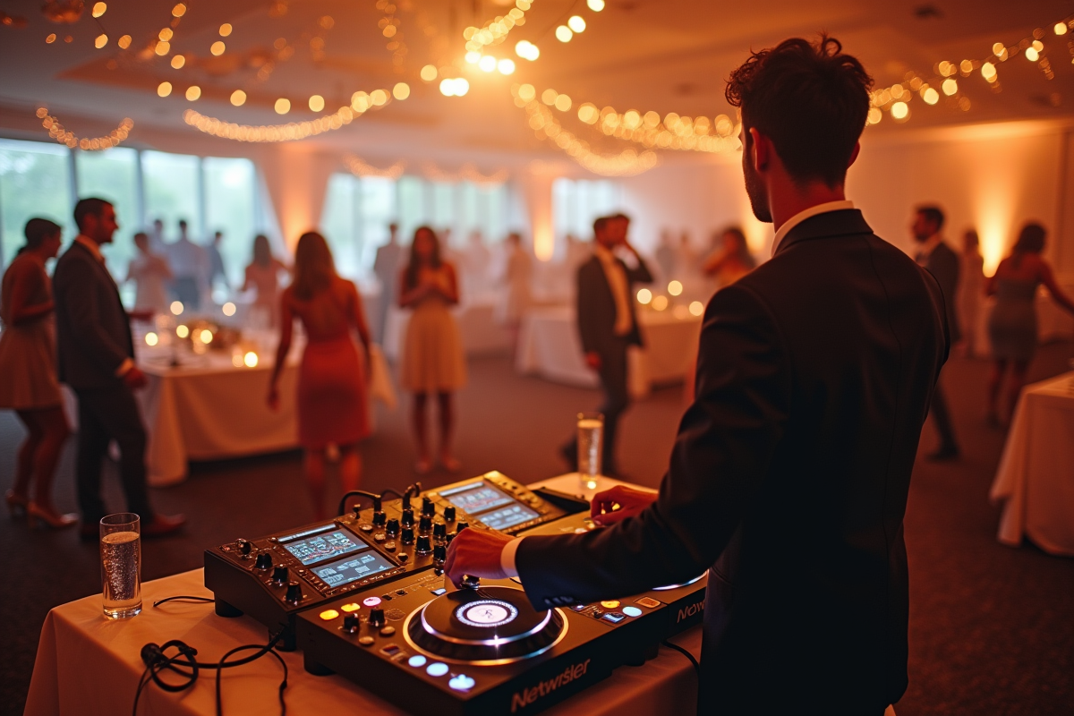 DJ en action dans une salle de mariage avec invités dansant et décor élégant