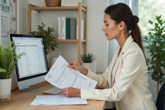 Wedding planner professionnelle examinant un devis détaillé sur son bureau avec documents et ordinateur portable