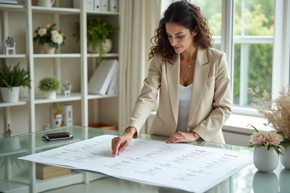 Wedding planner organisant un plan de table de mariage dans un bureau moderne