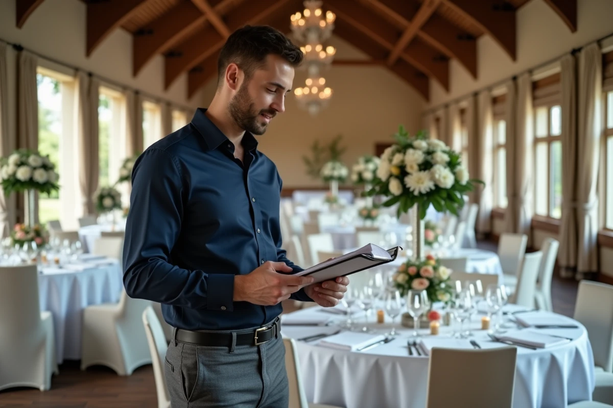 Wedding planner masculin vérifiant les détails de décoration florale dans une salle de réception de mariage élégante avec tables dressées